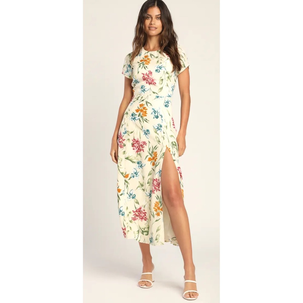 Lulus XS Floral Midi Dress Tie Back Slit‎ Tropical Summer Vacation